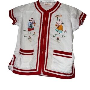 Vintage PLUM BLOSSOMS Girl's Men Kite Koi Embroidered PAJAMA Top Sz 4 White Red
